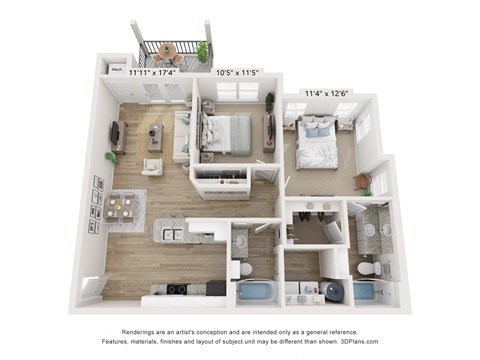 Floor plan for 2 beds, 2 baths, 1001 sqft